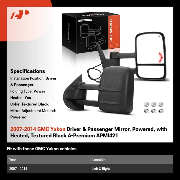 2007-2014 GMC Yukon Driver & Passenger Mirror, Powered, with Heated, Textured Black A-Premium APMI421
