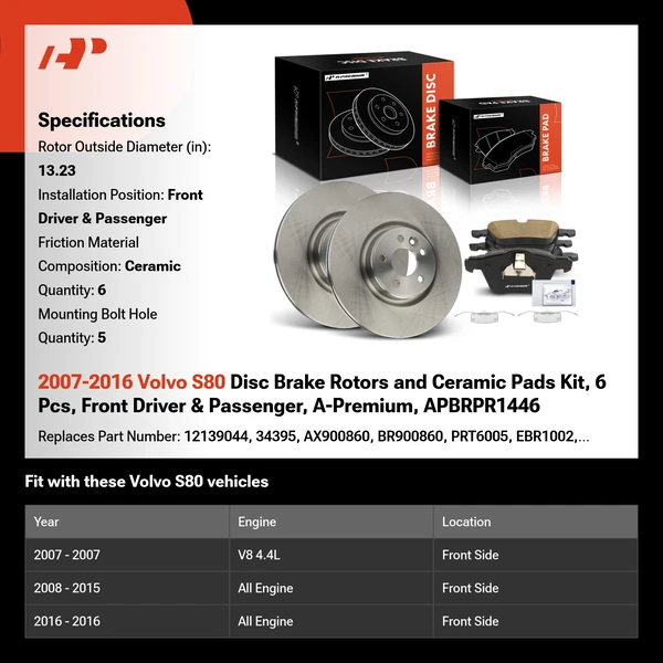 2007-2016 Volvo S80 Disc Brake Rotors and Ceramic Pads Kit, 6 Pcs, Front Driver & Passenger, A-Premium, APBRPR1446