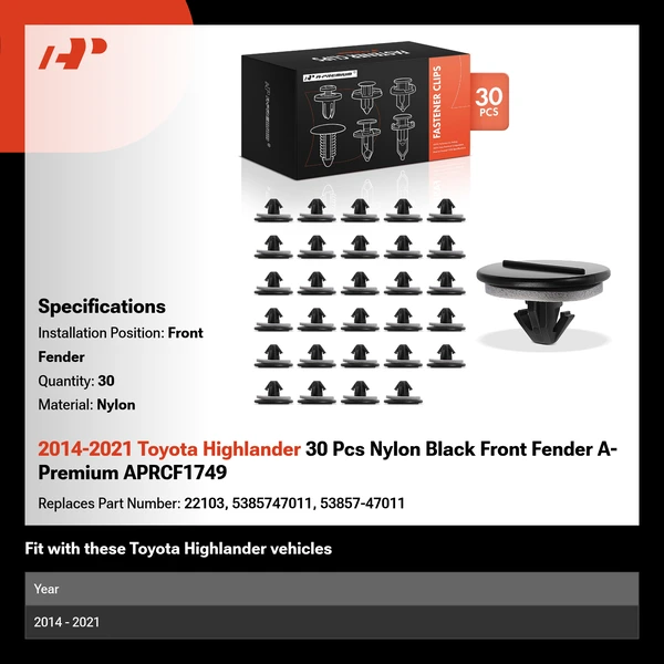 2014-2021 Toyota Highlander 30 Pcs Nylon Black Front Fender A-Premium APRCF1749
