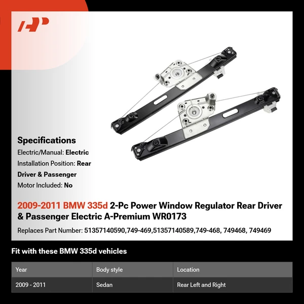 2009-2011 BMW 335d 2-Pc Power Window Regulator Rear Driver & Passenger Electric A-Premium WR0173