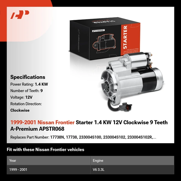 1999-2001 Nissan Frontier Starter 1.4 KW 12V Clockwise 9 Teeth A-Premium APSTR068
