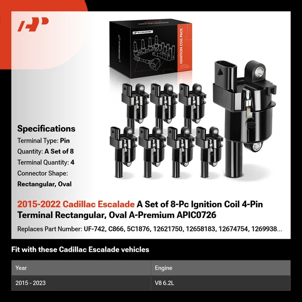 2015-2022 Cadillac Escalade A Set of 8-Pc Ignition Coil 4-Pin Terminal Rectangular, Oval A-Premium APIC0726
