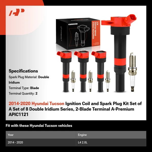 2014-2020 Hyundai Tucson Ignition Coil and Spark Plug Kit Set of A Set of 8 Double Iridium Series, 2-Blade Terminal A-Premium APIC1121