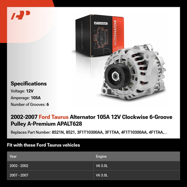 2002-2007 Ford Taurus Alternator 105A 12V Clockwise 6-Groove Pulley A-Premium APALT628