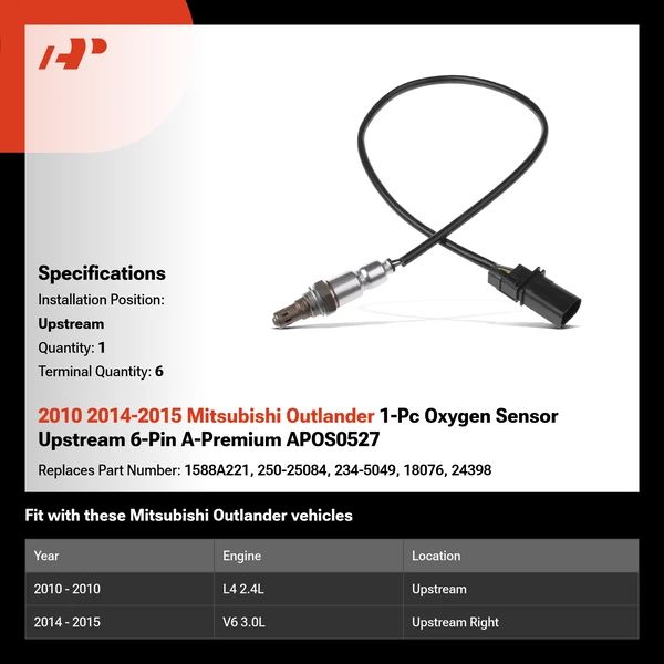 2010 2014-2015 Mitsubishi Outlander 1-Pc Oxygen Sensor Upstream 6-Pin A-Premium APOS0527