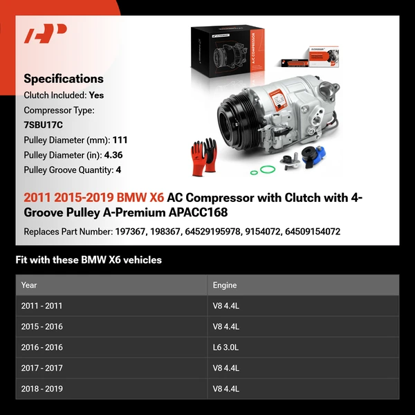 2011 2015-2019 BMW X6 AC Compressor with Clutch with 4-Groove Pulley A-Premium APACC168