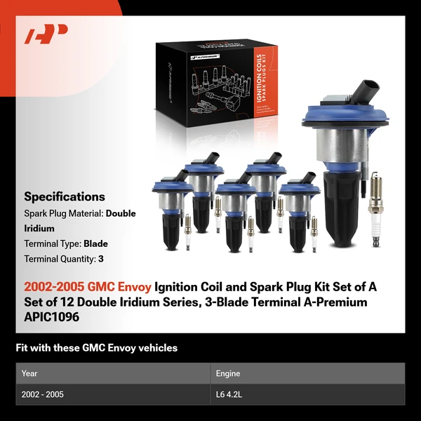 2002-2005 GMC Envoy Ignition Coil and Spark Plug Kit Set of A Set of 12 Double Iridium Series, 3-Blade Terminal A-Premium APIC1096