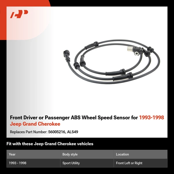 Front Driver or Passenger ABS Wheel Speed Sensor for 1993-1998 Jeep Grand Cherokee