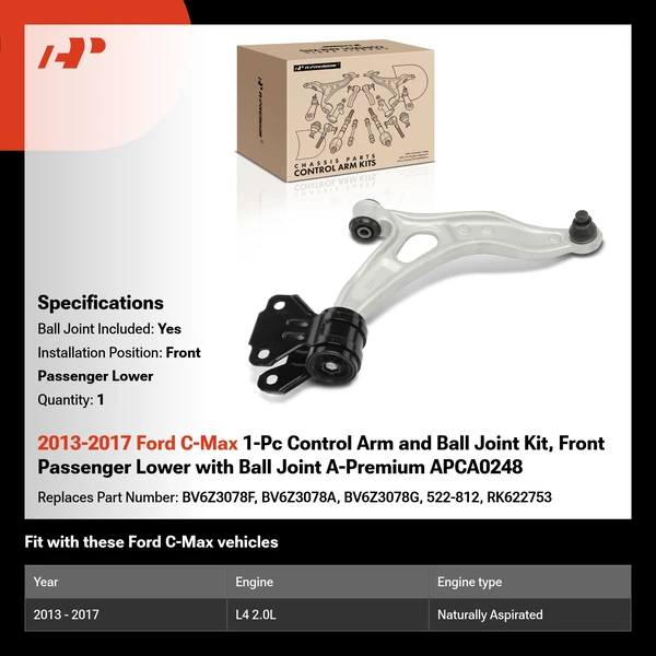 2013-2017 Ford C-Max 1-Pc Control Arm and Ball Joint Kit, Front Passenger Lower with Ball Joint A-Premium APCA0248
