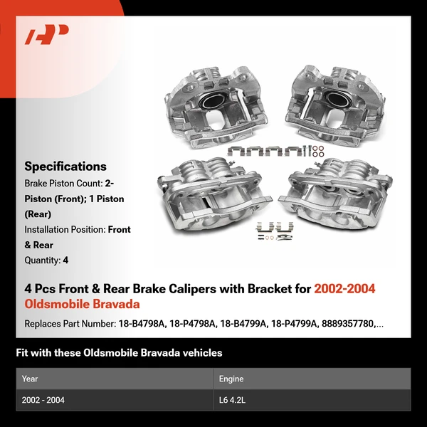 4 Pcs Front & Rear Brake Calipers with Bracket for 2002-2004 Oldsmobile Bravada