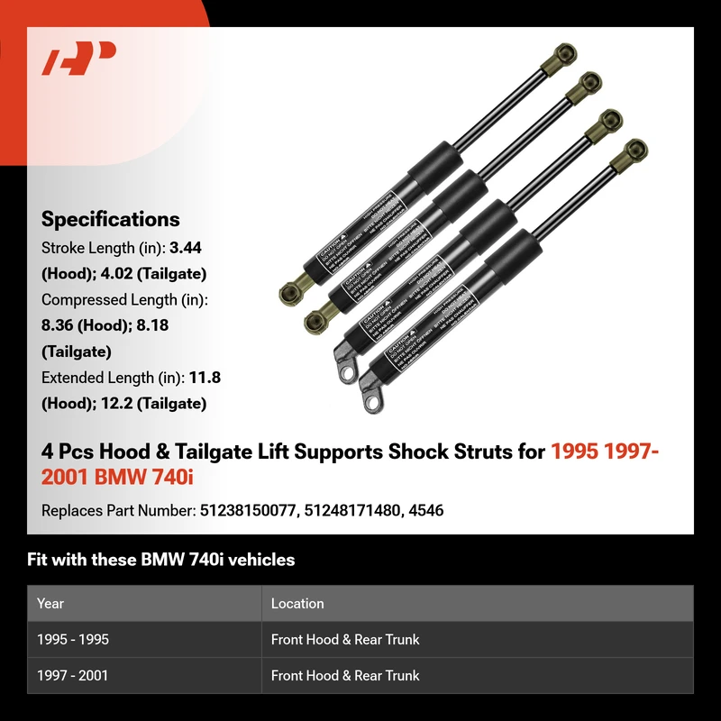 4 Pcs Hood & Tailgate Lift Supports Shock Struts for 1995 1997-2001 BMW 740i