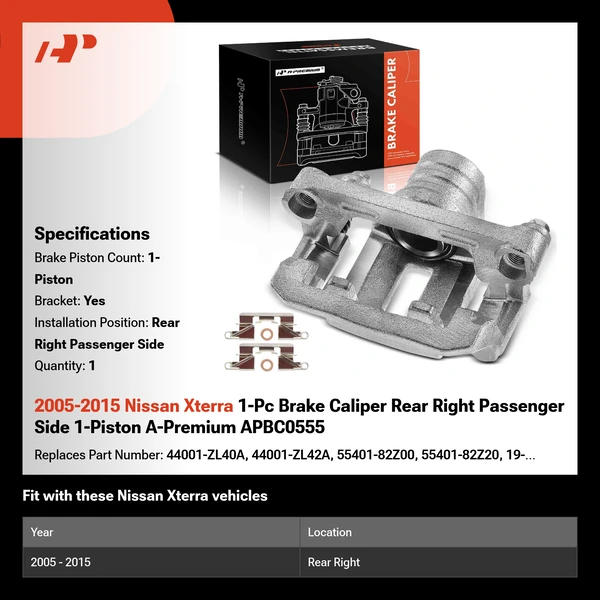 2005-2015 Nissan Xterra 1-Pc Brake Caliper Rear Right Passenger Side 1-Piston A-Premium APBC0555