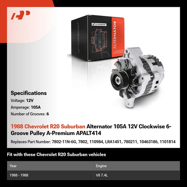 1988 Chevrolet R20 Suburban Alternator 105A 12V Clockwise 6-Groove Pulley A-Premium APALT414
