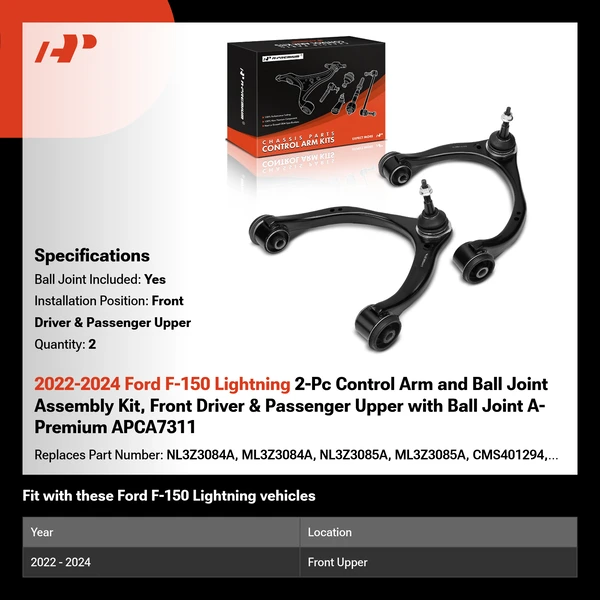2022-2024 Ford F-150 Lightning 2-Pc Control Arm and Ball Joint Assembly Kit, Front Driver & Passenger Upper with Ball Joint A-Premium APCA7311