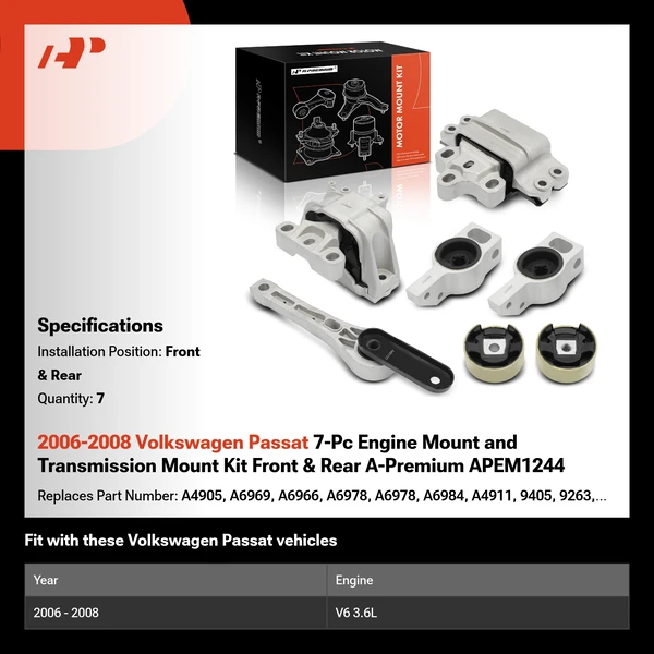 2006-2008 Volkswagen Passat 7-Pc Engine Mount and Transmission Mount Kit Front & Rear A-Premium APEM1244