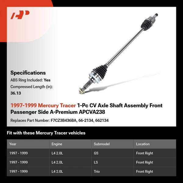 1997-1999 Mercury Tracer 1-Pc CV Axle Shaft Assembly Front Passenger Side A-Premium APCVA238