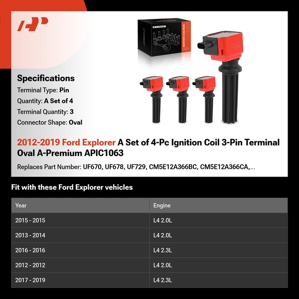 2012-2019 Ford Explorer A Set of 4-Pc Ignition Coil 3-Pin Terminal Oval A-Premium APIC1063