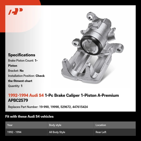 1992-1994 Audi S4 1-Pc Brake Caliper 1-Piston A-Premium APBC2579