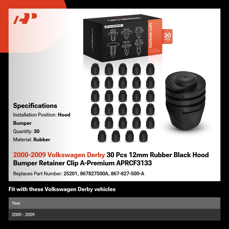 2000-2009 Volkswagen Derby 30 Pcs 12mm Rubber Black Hood Bumper Retainer Clip A-Premium APRCF3133