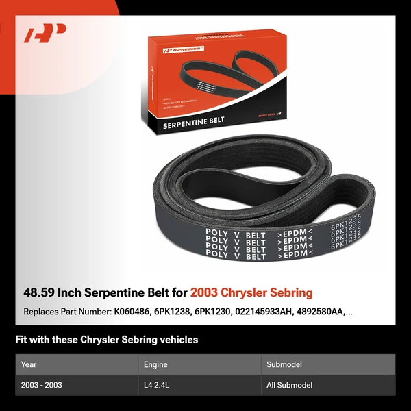 48.59 Inch Serpentine Belt for 2003 Chrysler Sebring