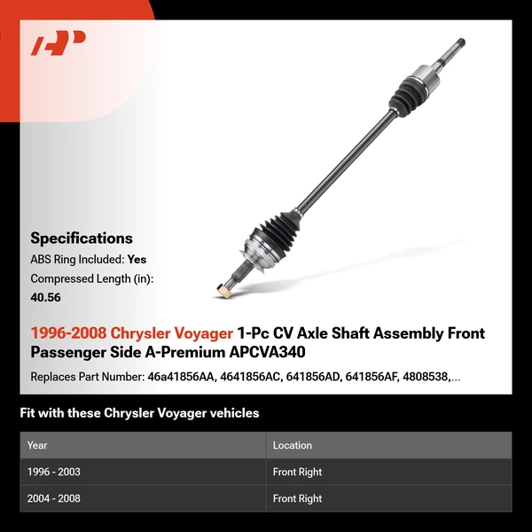 1996-2008 Chrysler Voyager 1-Pc CV Axle Shaft Assembly Front Passenger Side A-Premium APCVA340
