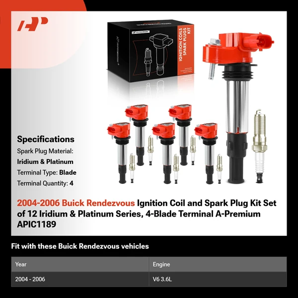2004-2006 Buick Rendezvous Ignition Coil and Spark Plug Kit Set of 12 Iridium & Platinum Series, 4-Blade Terminal A-Premium APIC1189