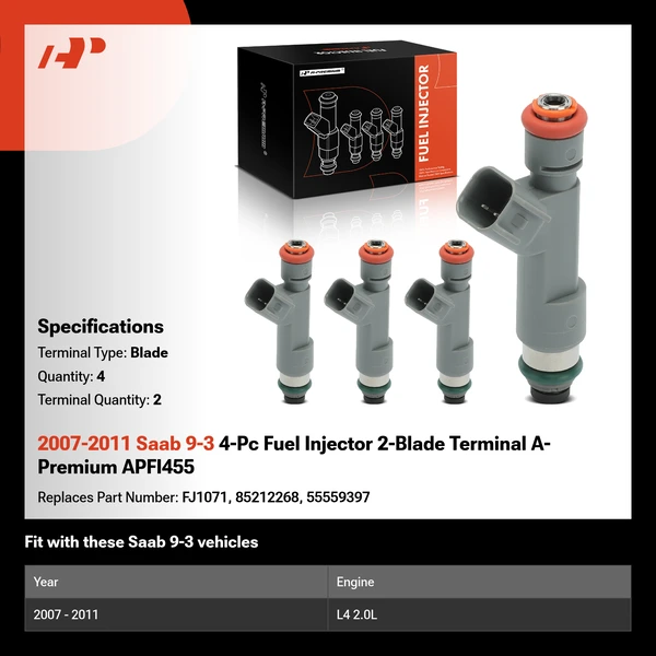 2007-2011 Saab 9-3 4-Pc Fuel Injector 2-Blade Terminal A-Premium APFI455