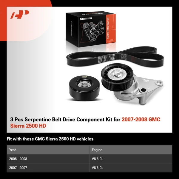 3 Pcs Serpentine Belt Drive Component Kit for 2007-2008 GMC Sierra 2500 HD