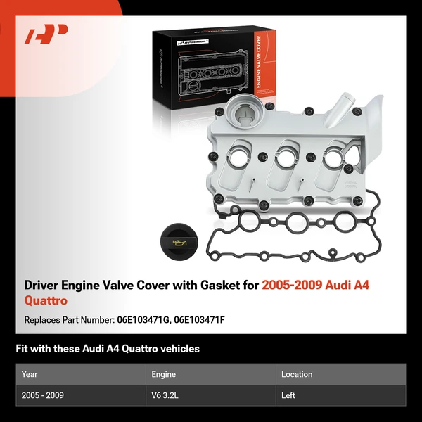 Driver Engine Valve Cover with Gasket for 2005-2009 Audi A4 Quattro