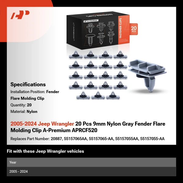 2005-2024 Jeep Wrangler 20 Pcs 9mm Nylon Gray Fender Flare Molding Clip A-Premium APRCF520