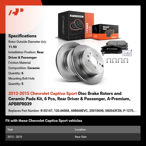 2012-2015 Chevrolet Captiva Sport Disc Brake Rotors and Ceramic Pads Kit, 6 Pcs, Rear Driver & Passenger, A-Premium, APBRPR039