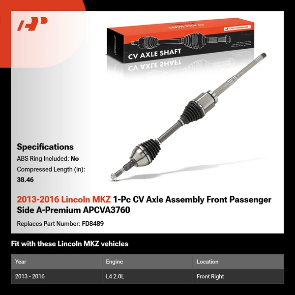 2013-2016 Lincoln MKZ 1-Pc CV Axle Assembly Front Passenger Side A-Premium APCVA3760