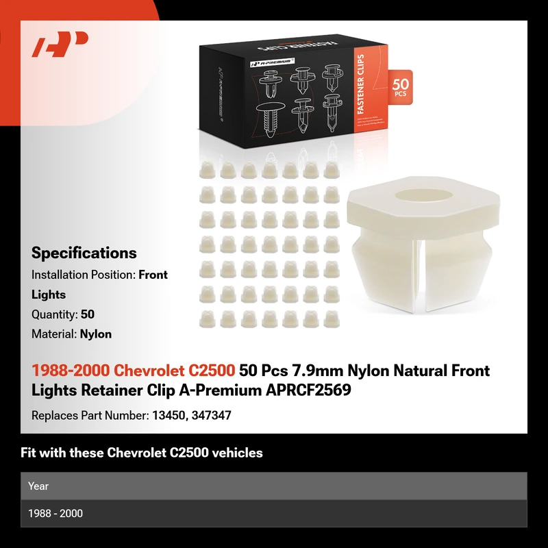 1988-2000 Chevrolet C2500 50 Pcs 7.9mm Nylon Natural Front Lights Retainer Clip A-Premium APRCF2569