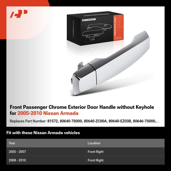 Front Passenger Chrome Exterior Door Handle without Keyhole for 2005-2010 Nissan Armada