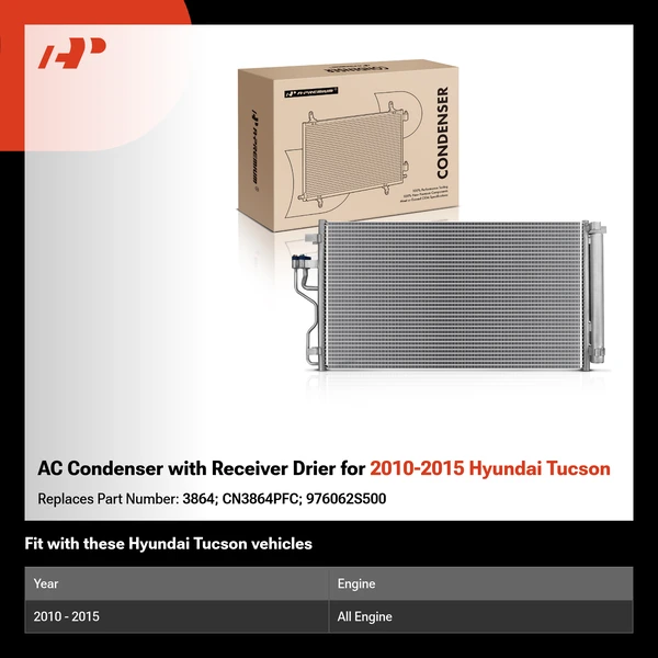 AC Condenser with Receiver Drier for 2010-2015 Hyundai Tucson