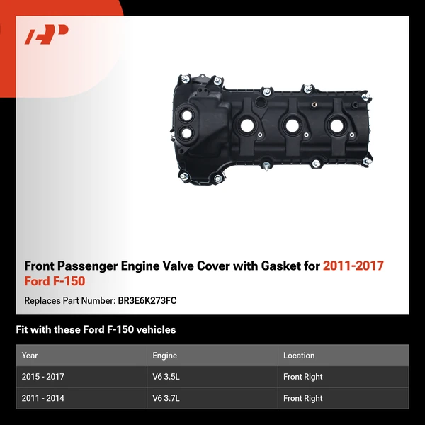Front Passenger Engine Valve Cover with Gasket for 2011-2017 Ford F-150
