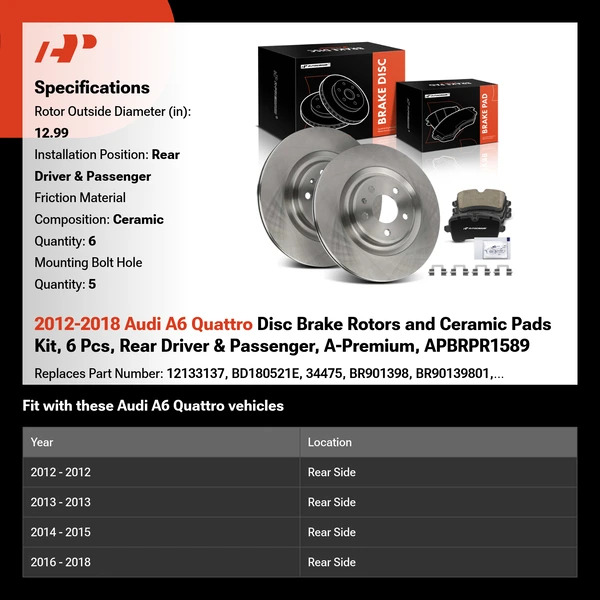 2012-2018 Audi A6 Quattro Disc Brake Rotors and Ceramic Pads Kit, 6 Pcs, Rear Driver & Passenger, A-Premium, APBRPR1589