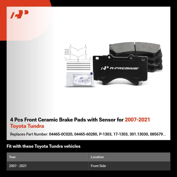 4 Pcs Front Ceramic Brake Pads with Sensor for 2007-2021 Toyota Tundra