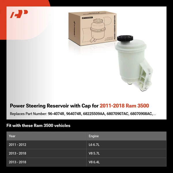 Power Steering Reservoir with Cap for 2011-2018 Ram 3500