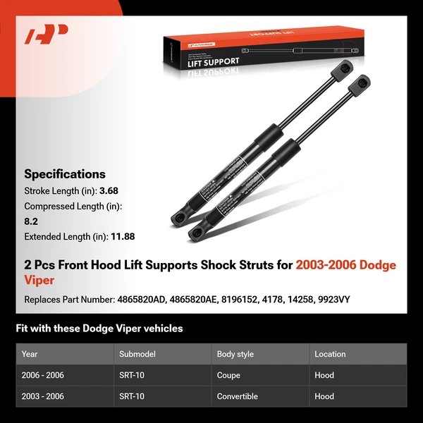 2 Pcs Front Hood Lift Supports Shock Struts for 2003-2006 Dodge Viper