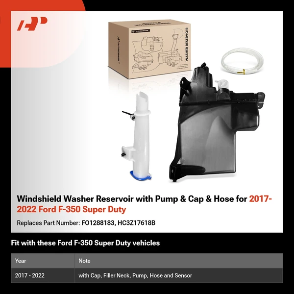Windshield Washer Reservoir with Pump & Cap & Hose for 2017-2022 Ford F-350 Super Duty