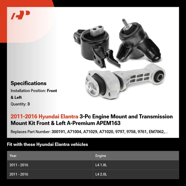 2011-2016 Hyundai Elantra 3-Pc Engine Mount and Transmission Mount Kit Front & Left A-Premium APEM163