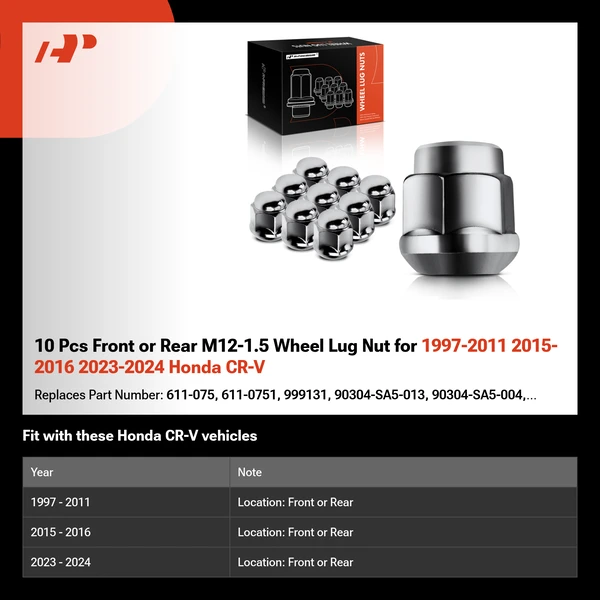 10 Pcs Front or Rear M12-1.5 Wheel Lug Nut for 1997-2011 2015-2016 2023-2024 Honda CR-V