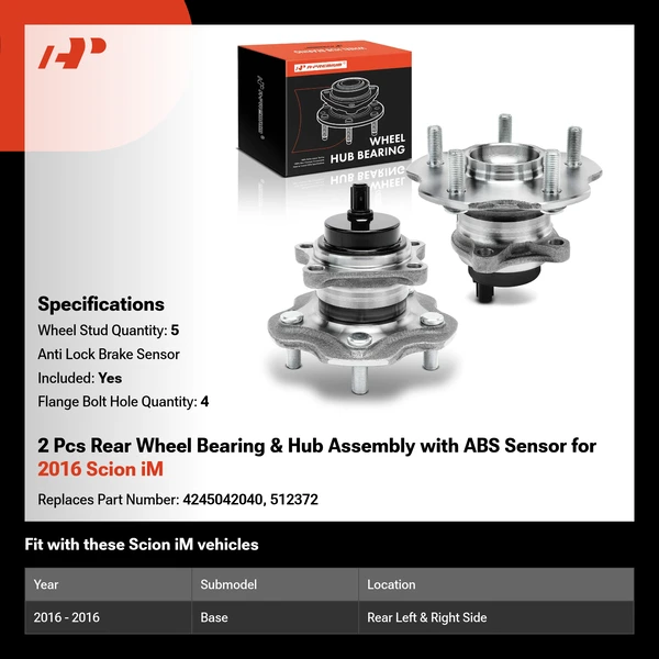 2 Pcs Rear Wheel Bearing & Hub Assembly with ABS Sensor for 2016 Scion iM