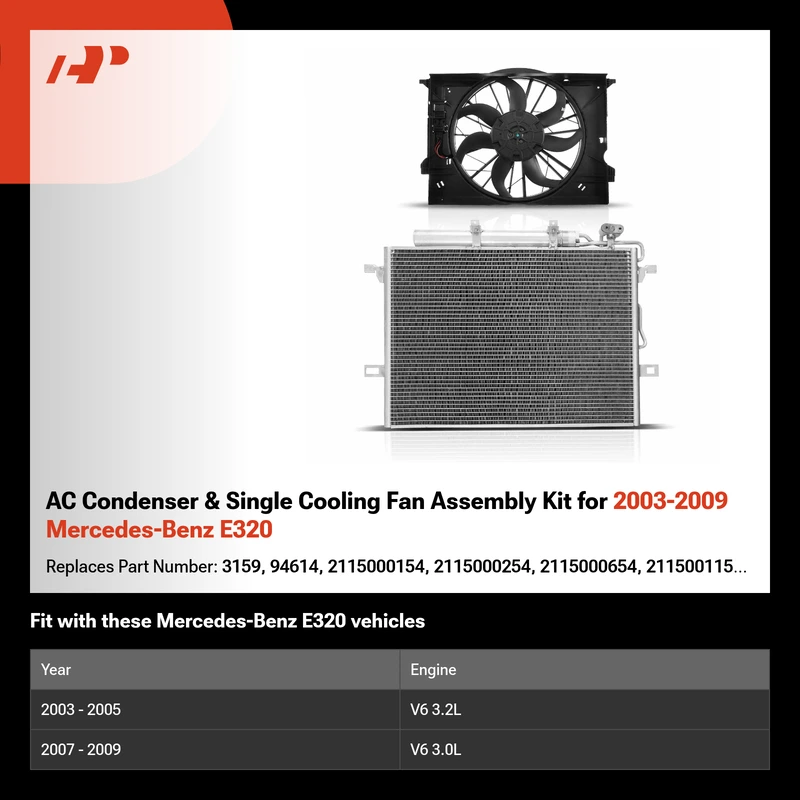 AC Condenser & Single Cooling Fan Assembly Kit for 2003-2009 Mercedes-Benz E320