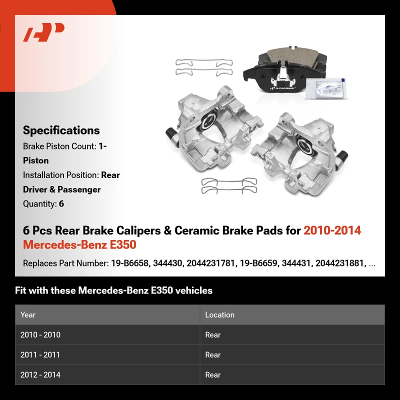 6 Pcs Rear Brake Calipers & Ceramic Brake Pads for 2010-2014 Mercedes-Benz E350