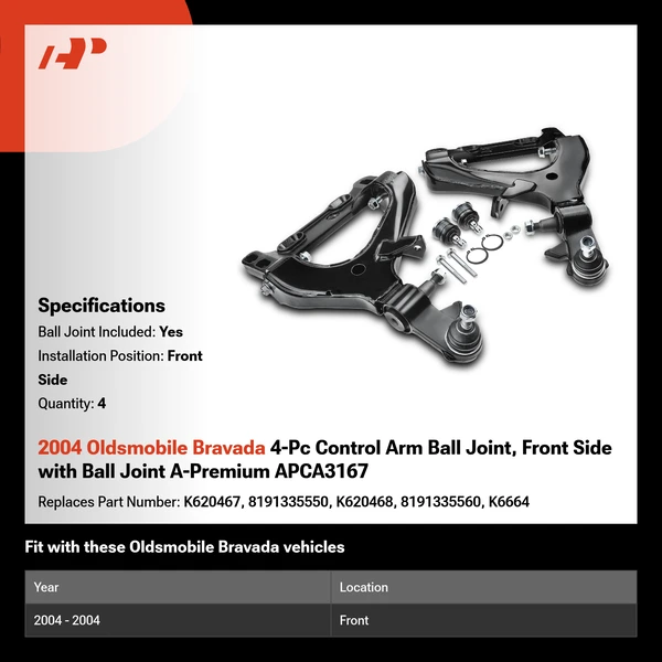 2004 Oldsmobile Bravada 4-Pc Control Arm Ball Joint, Front Side with Ball Joint A-Premium APCA3167