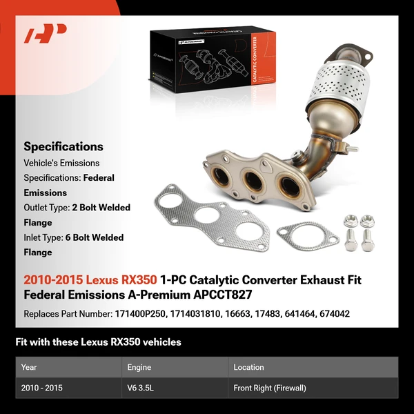 2010-2015 Lexus RX350 1-PC Catalytic Converter Exhaust Fit Federal Emissions A-Premium APCCT827