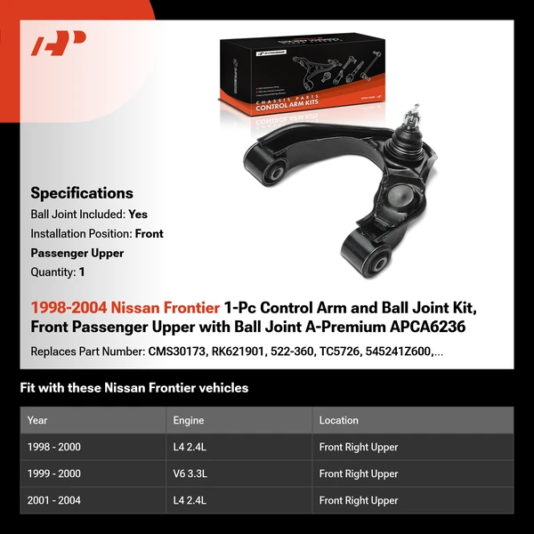 1998-2004 Nissan Frontier 1-Pc Control Arm and Ball Joint Kit, Front Passenger Upper with Ball Joint A-Premium APCA6236