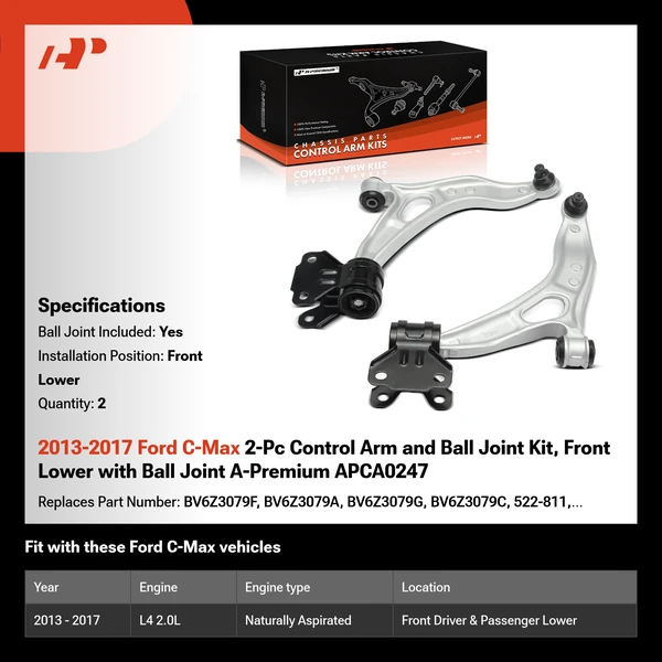 2013-2017 Ford C-Max 2-Pc Control Arm and Ball Joint Kit, Front Lower with Ball Joint A-Premium APCA0247